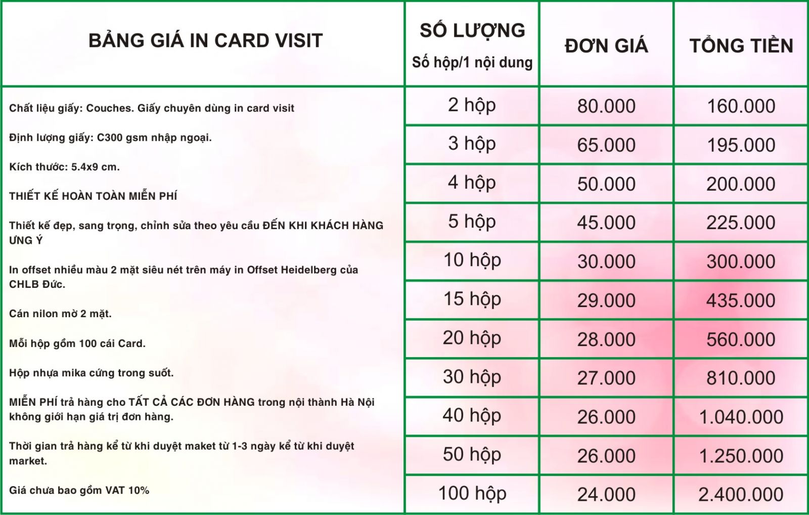 bảng báo giá in card visit ở tại Bình Dương