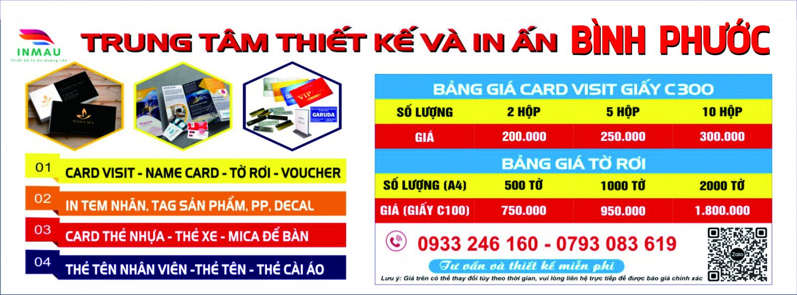 bảng giá in card visit giá rẻ Hớn Quảng Bình Phước