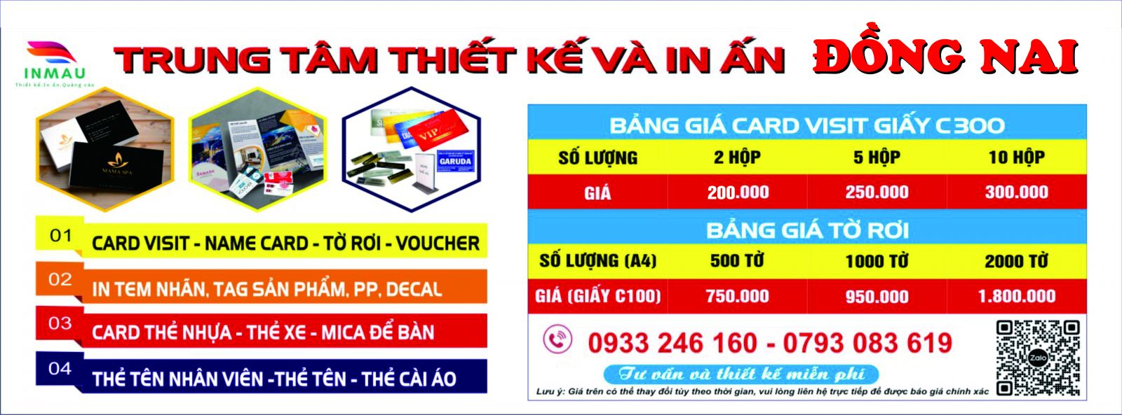 Bảng giá in card visit Vĩnh Cửu Đồng Nai